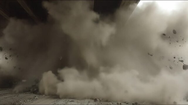 Dust Explosion: A dramatic cloud of dust erupts in an enclosed space, showcasing the raw power of uncontrolled forces, conveying a sense of destructive energy.
