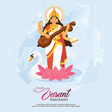 Happy Vasant Panchami Goddess Saraswati sitting on Lotus with Swan Playing Veena Religious Festival Water color Background. poster, banner, flyer vector illustration design