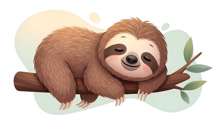Fototapeta premium A cute cartoon sloth with a happy expression sleeping soundly on a tree branch, illustrating peace and tranquility in a gentle art style.