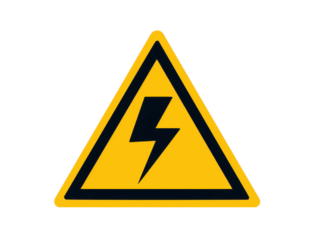 Triangular electrical hazard warning sign with a high contrast lightning symbol, bold black border, and clean safety design with subtle shading isolated on transparent background.