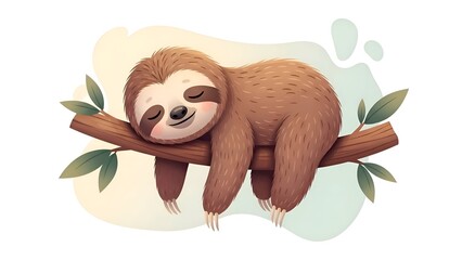 Fototapeta premium A charming cartoon illustration of a cute brown sloth peacefully sleeping on a tree branch with green leaves.