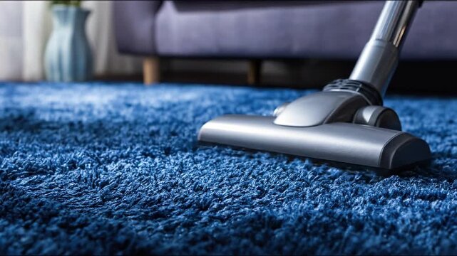 Carpet Cleaning and Care: A close-up shot of a vacuum cleaner efficiently cleaning a vibrant blue carpet, capturing the essence of home cleanliness and maintenance.