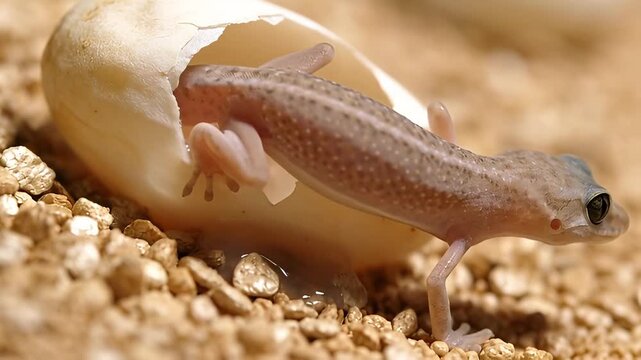 Tiny Gecko Hatching from Egg in Sandy Environment.