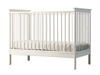White baby crib with sturdy side rails, simple clean frame, and clear structural slats with soft realistic shading isolated on transparent background.