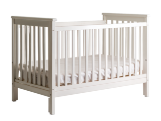 White baby crib with sturdy side rails, simple clean frame, and clear structural slats with soft realistic shading isolated on transparent background.