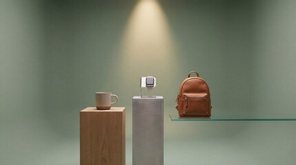 Stylish Leather Backpack and Ceramic Mug on Minimalist Pedestals in Soft Green Studio, Modern Lifestyle Product Photography