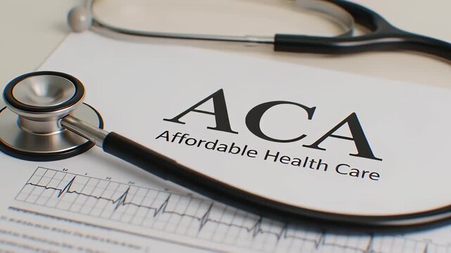 Medical stethoscope resting on ACA Affordable Health Care text over ECG graph paper in a clean 3D render, illustrating insurance coverage concepts.