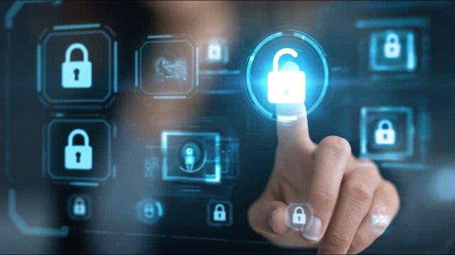 Cybersecurity Unveiled: A hand delicately interacts with a virtual interface, symbolizing the pivotal moment of unlocking and securing the data realm.