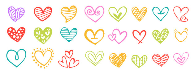 Colorful Hand Drawn Doodle Hearts Collection Featuring Various Sketchy Textured and Patterned Love Symbols in Bright Crayon and Marker Style Vector Illustration
