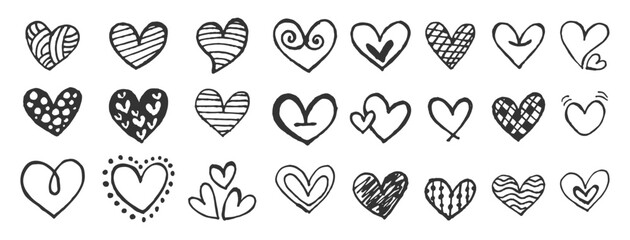 Hand Drawn Doodle Hearts Collection Featuring Various Sketchy Textured and Patterned Love Symbols in Black Ink Style Vector Illustration