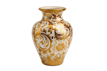 Decorative ceramic vase with a classic silhouette, hand painted pattern details, and glossy glaze highlights along the curved surface isolated on transparent background.