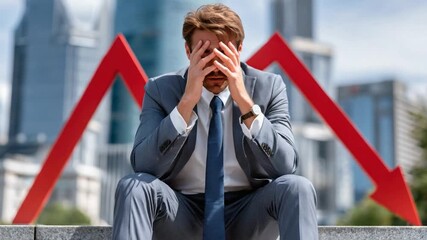 Financial Distress: A man in a suit is depicted with a look of financial strain. The red arrow signifies a downward trend, reflecting market difficulties.