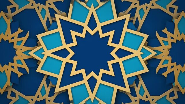Elegant luxury Islamic geometric pattern background with rich royal blue and glittering gold arabesque tessellation design for cultural events or celebrations such as Ramadan or Eid