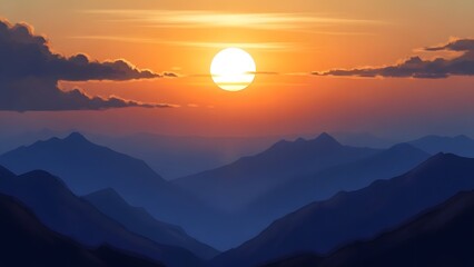 Sunset over a mountain range with clouds and a vibrant orange sky