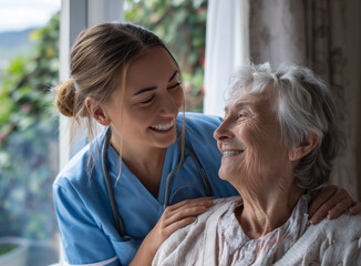 Cuidado genuino revelado en una mirada compartida, donde la empatía y el afecto se entrelazan con una fuerza serena. Una mujer mayor y un profesional de la salud se sonríen; uniforme azul.