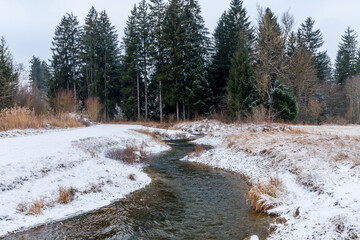 Small winter river with fish ladder flowing through a snowy landscape. Natural stream channel bordered by frosted grass and evergreen forest under an overcast sky
