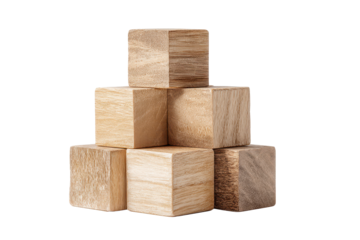 Stack of wooden blocks arranged as a stepped tower with light natural wood grain, crisp edges, and realistic shading between each block isolated on transparent background.
