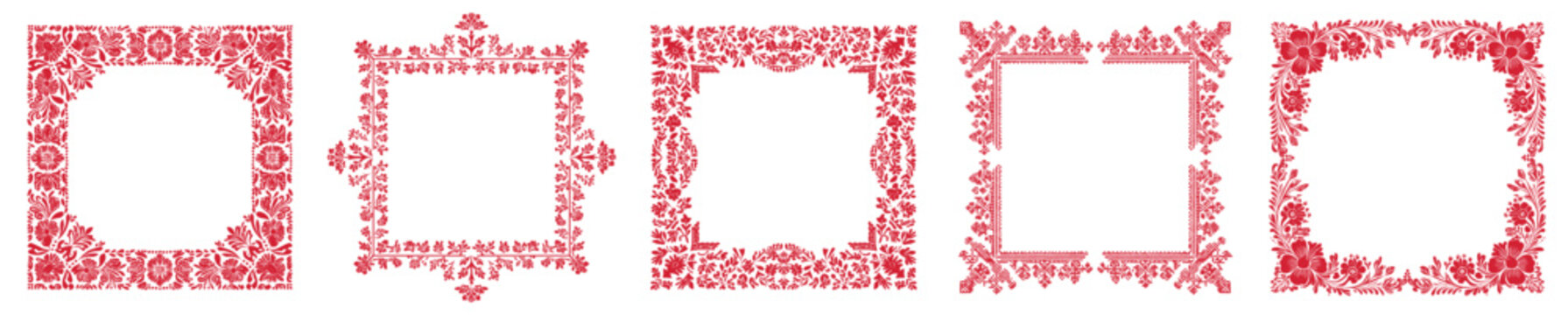 frames red vintage set. Slavic frame, decor postcard decoration traditional floral print vector illustration
