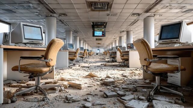 Abandoned Office: An eerie scene of an abandoned office with rows of desks, chairs, and monitors. Concrete debris covers the floor, and the scene evokes a sense of desolation and decay.