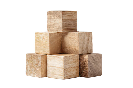 Stack of wooden blocks arranged as a stepped tower with light natural wood grain, crisp edges, and realistic shading between each block isolated on transparent background.