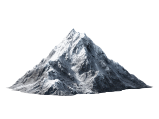 A snowy mountain peak model with a rocky gray base, white snow caps, sharp ridges, realistic terrain texture, and a clean miniature landscape form with soft shading isolated on transparent background.