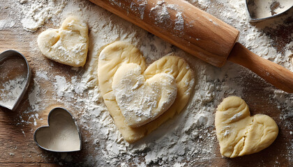Heart-shaped dough pieces lie on floured surface with rolling pin and cutters. Overhead baking scene captures cozy Valentine kitchen energy.