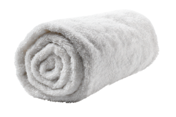 A rolled white towel with soft cotton texture, tight spiral roll showing visible fibers, clean folded edges, and gentle studio shading with a subtle shadow isolated on transparent background.