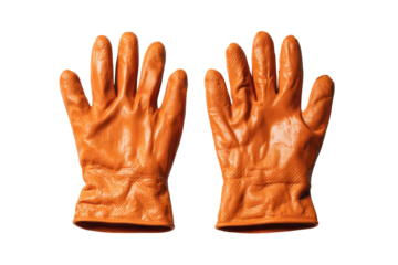 Pair of orange rubber safety gloves with realistic latex texture, slightly wrinkled fingers, and subtle shading that shows flexible thickness isolated on transparent background.