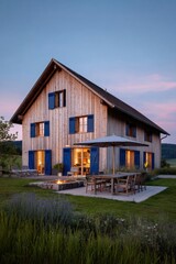 Obraz premium Nestled in the serene countryside, this stunning wooden house features charming blue shutters and a cozy patio. As dusk falls, the inviting fire pit and comfortable outdoor seating.