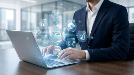 Modern E-Invoice Holographic Interface on Business Laptop