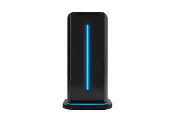 Tall black kiosk charger device with a glowing blue vertical light strip, glossy surfaces, crisp clean edges, and subtle base shading isolated on transparent background.
