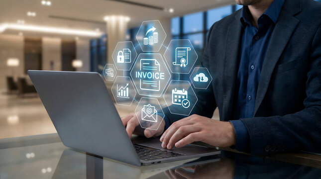 Digital E-Invoice System with Hexagonal Financial Icons - Powered by Adobe