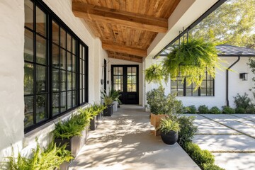 The entryway boasts a warm and inviting atmosphere, featuring lush plants, abundant natural light, and a straightforward path bordered by vibrant greenery during the day