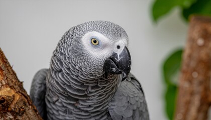 An african grey parrot with white around its eyes is perched on a branch near some green leaves and a light colored wall