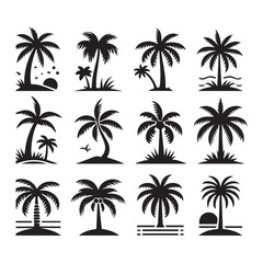 Fototapeta premium Palm Tree Silhouette Icon Set for Beach and Vacation Themes