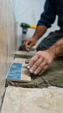 A craftsman focuses on installing tiles by hand on a wall surface.