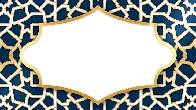 Luxurious Islamic geometric pattern background in deep blue and gold colors with an elegant ornate decorative frame for text or message