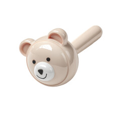 A bear head baby rattle on a short handle with soft neutral colors, smooth plastic finish, gentle highlight shading, and cute rounded features as a nursery toy isolated on transparent background.