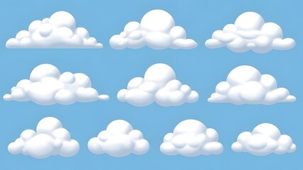 Collection of white fluffy clouds on blue sky background