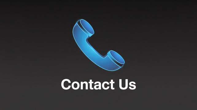 Blue glossy telephone receiver icon with "Contact Us" text on a dark background, symbolizing communication and support.