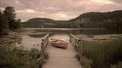 a green canoe is docked at the end of an old wooden pier on a lakeside lake, with reeds and lily pads in the mid-summer sunset, with clouds in the sky.