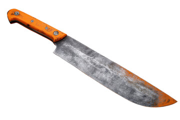 A large machete with an orange textured handle, visible metal rivets, and a long steel blade with subtle surface scratches and clean sharp edges isolated on transparent background.