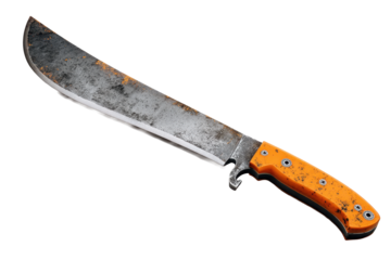 A large machete with an orange textured handle, visible metal rivets, and a long steel blade with subtle surface scratches and clean sharp edges isolated on transparent background.
