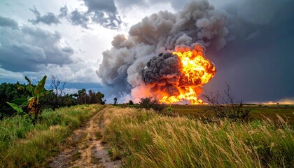 Powerful fire explosion with huge ball of flame and massive clouds of grey smoke over rural field with dirt road and wild grass. Ghetto atmosphere of war disaster