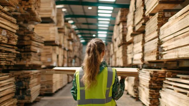 Woman in a lumber warehouse carrying a stack of wooden planks on her shoulder