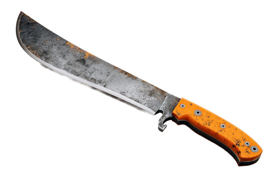 A large machete with an orange textured handle, visible metal rivets, and a long steel blade with subtle surface scratches and clean sharp edges isolated on transparent background.