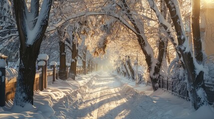Obraz premium A snowy pathway lined with trees, illuminated by soft sunlight. The ground is covered in fresh snow, creating a serene winter scene.