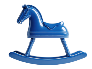 A blue rocking horse toy with a smooth painted surface, curved rocker base, simple saddle and handle details, and clean rounded contours with subtle edge highlights isolated on transparent background.