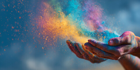 Close up of hands throwing colorful powder, traditional Holi festival celebration in India, header with copy space