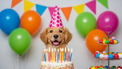 Obraz premium Adorable Golden Retriever Puppy Wearing Party Hat Celebrates Birthday With Cake and Balloons.